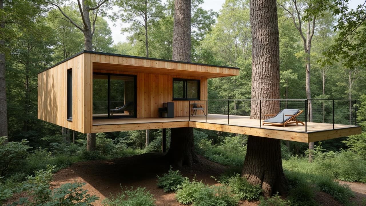Passerelle suspendue en mélèze reliant deux points d'ancrage au-dessus d'un sous-bois, garde-corps à câbles inox tendus, chantier fini