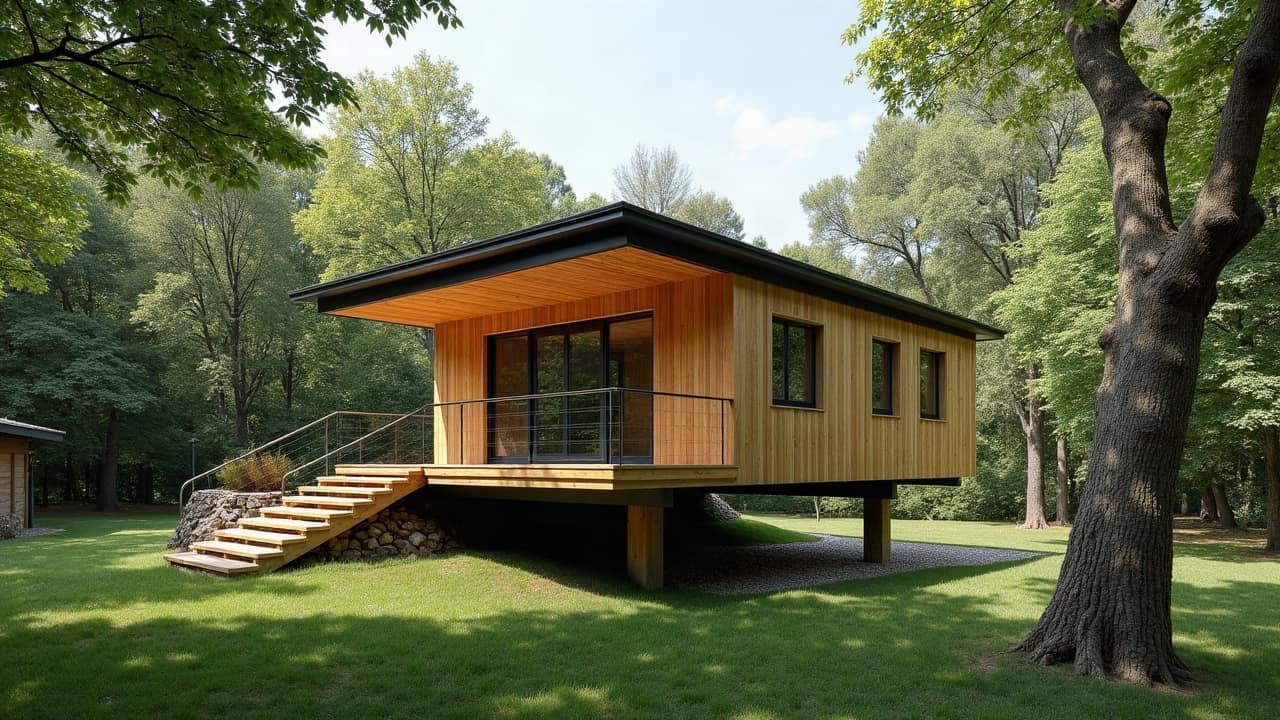 Vue d'ensemble d'une parcelle boisée avec une cabane perchée terminée, prise depuis le jardin pour montrer son implantation dans le paysage