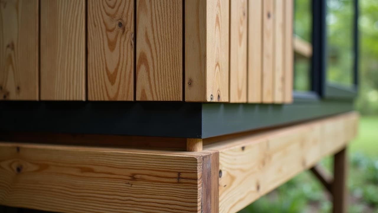 Détail de fixation d'un platelage extérieur en bois, lames espacées régulièrement pour l'évacuation de l'eau, finition soignée