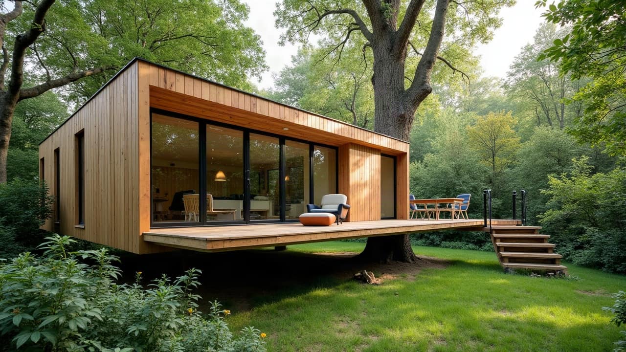 Vue d'ensemble d'un jardin arboré avec plusieurs chênes adultes, l'un d'eux entouré pour un diagnostic de faisabilité de cabane perchée