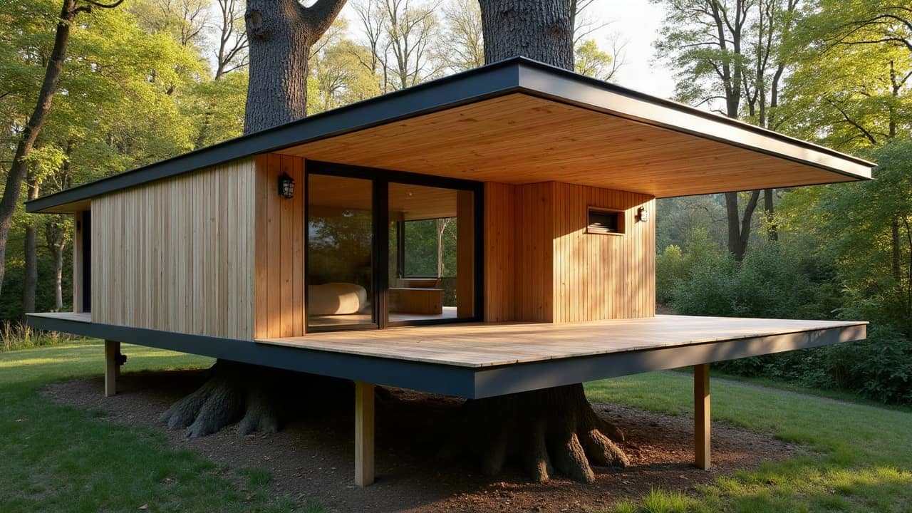 Bardage en claire-voie de mélèze naturel sur une façade de cabane perchée, lames alignées et joints réguliers, lumière de fin d'après-midi