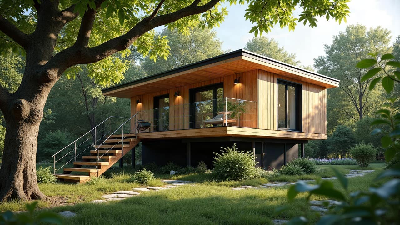 Cheminement d'un câble électrique enterré entre une propriété et une cabane perchée en construction, tranchée soignée dans le jardin