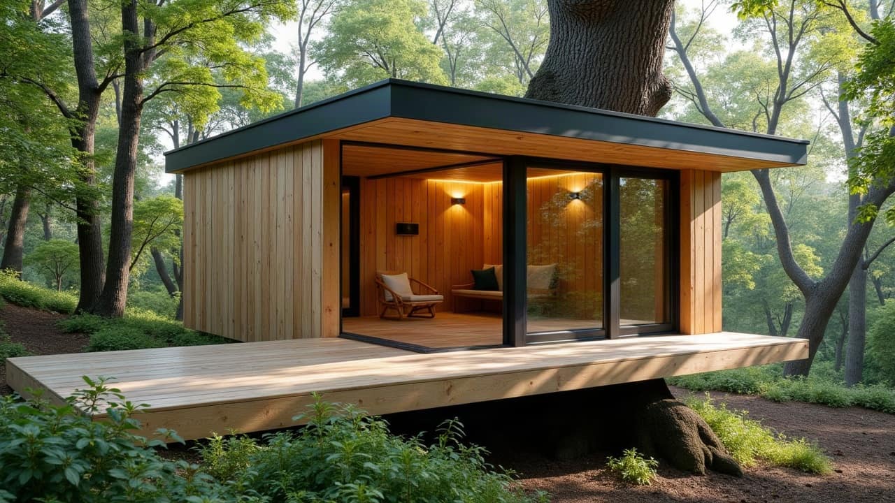Aménagement intérieur soigné d'une cabane perchée avec sanitaires secs intégrés, finitions bois et ventilation discrète, lumière naturelle