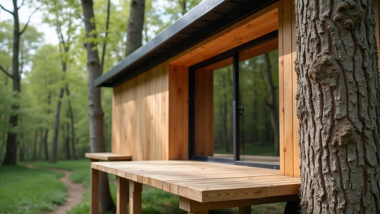Détail d'un équipement de ventilation discret intégré dans le bardage bois d'une cabane perchée, finition alignée et soignée