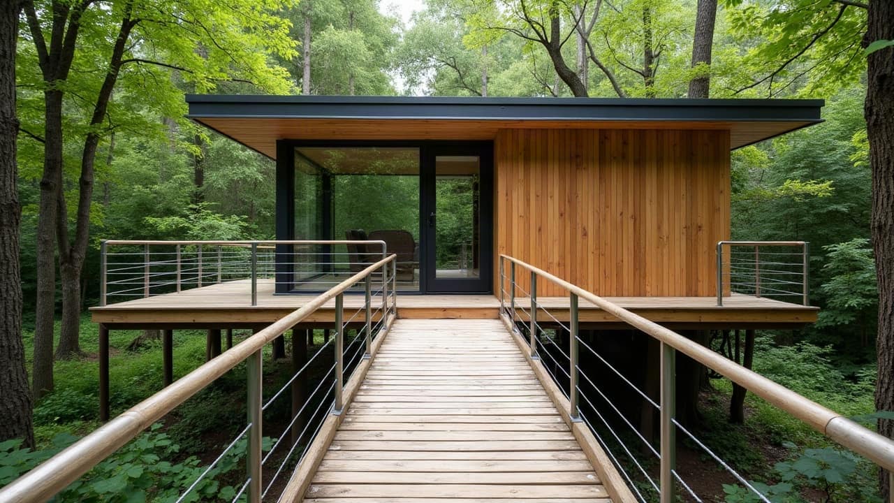 Passerelle en bois avec platelage à rainures antidérapantes et garde-corps continu à câbles, menant à une cabane perchée familiale