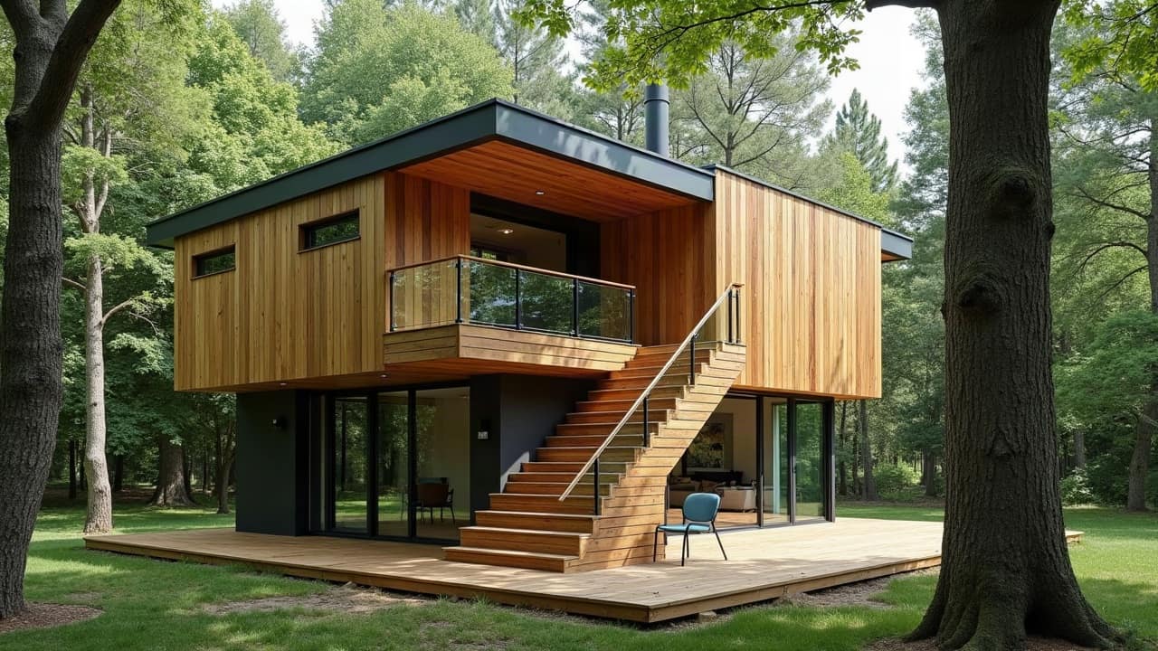 Escalier extérieur en bois menant à une cabane perchée, garde-corps continu et marches larges, adapté à un usage familial quotidien