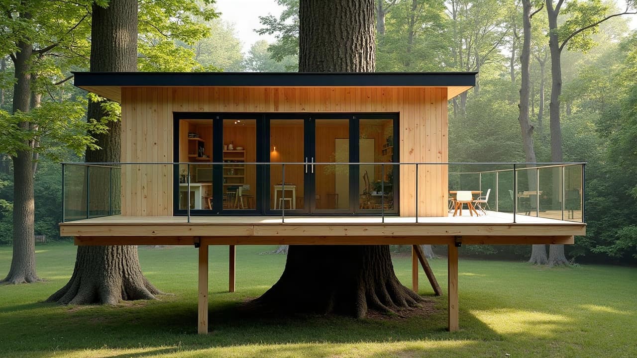 Structure mixte de cabane perchée associant un point d'ancrage sur un tronc d'arbre et des pilotis complémentaires, assemblage soigné