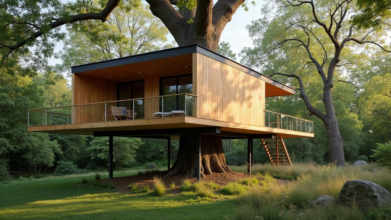 Vue d'ensemble d'une cabane perchée sur structure mixte, plateforme élargie reposant à la fois sur un arbre et sur des pilotis en bois