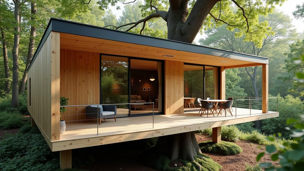 Intérieur aménagé d'une cabane perchée avec mobilier sur mesure optimisant chaque espace, grande baie vitrée et finitions bois soignées