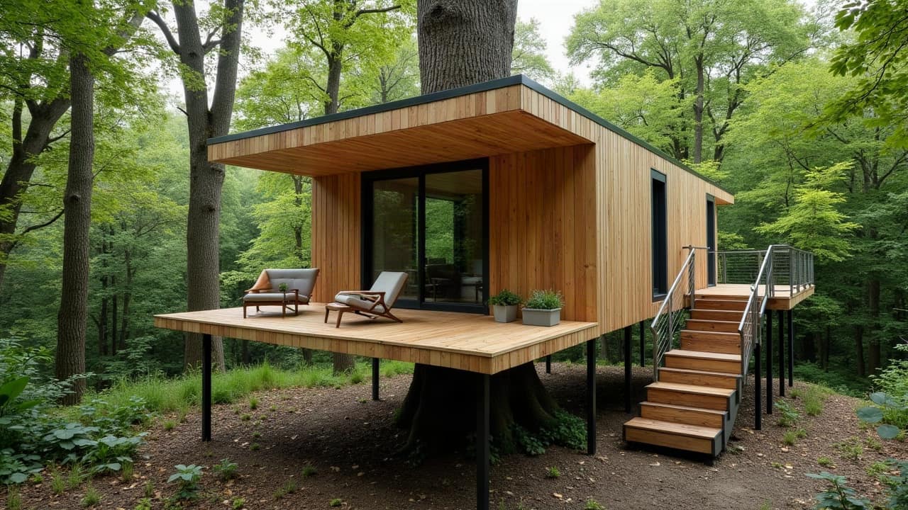 Vue d'ensemble d'une cabane perchée compacte mais parfaitement aménagée, structure sur pilotis élancés au milieu des arbres, chantier fini