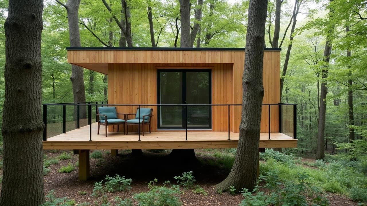 Cabane perchée discrètement intégrée dans un boisement classé, matériaux naturels et implantation respectueuse du paysage environnant