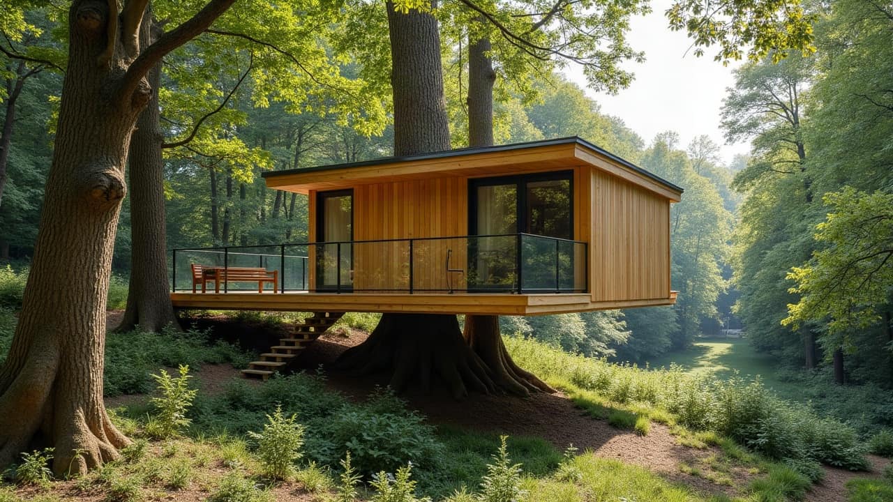Cabane perchée en bois naturel intégrée dans un parc boisé protégé, matériaux et teintes en harmonie avec le paysage régional