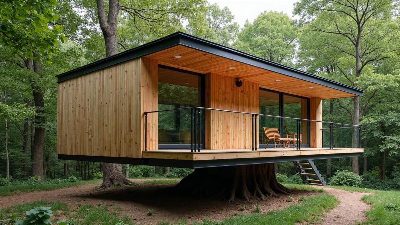 Toiture en zinc à faible pente sur une cabane perchée moderne, structure bois et menuiseries noires en contraste, chantier fini