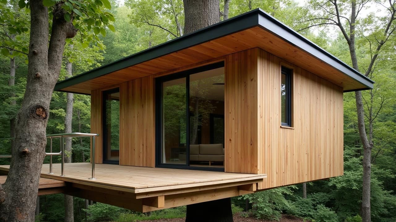 Détail d'une toiture en bac acier anthracite sur une cabane perchée, pente régulière et évacuation d'eau soignée, structure bois visible