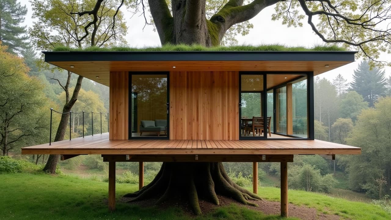 Bardage en mélèze naturellement grisé par plusieurs saisons d'exposition, cabane perchée saine et bien entretenue malgré l'absence de traitement