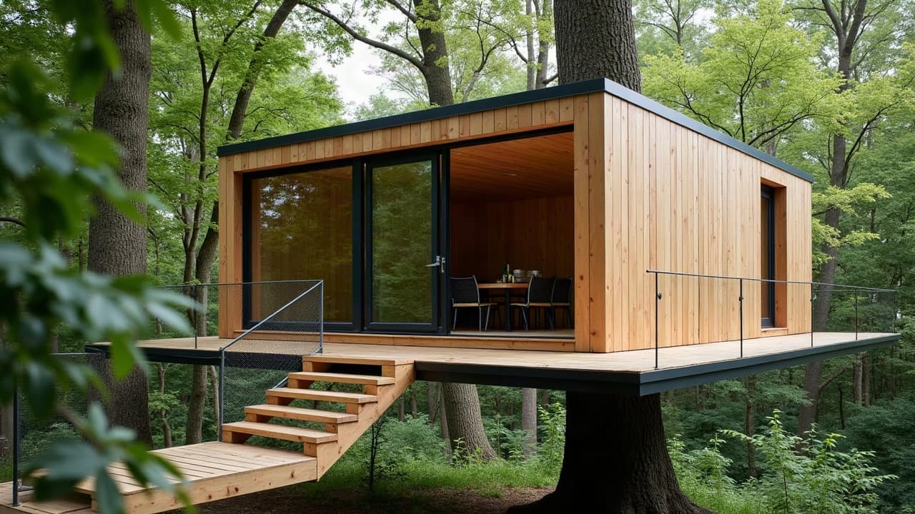 Contrôle visuel du bardage extérieur d'une cabane perchée lors d'une visite d'entretien, examen attentif de la surface du bois
