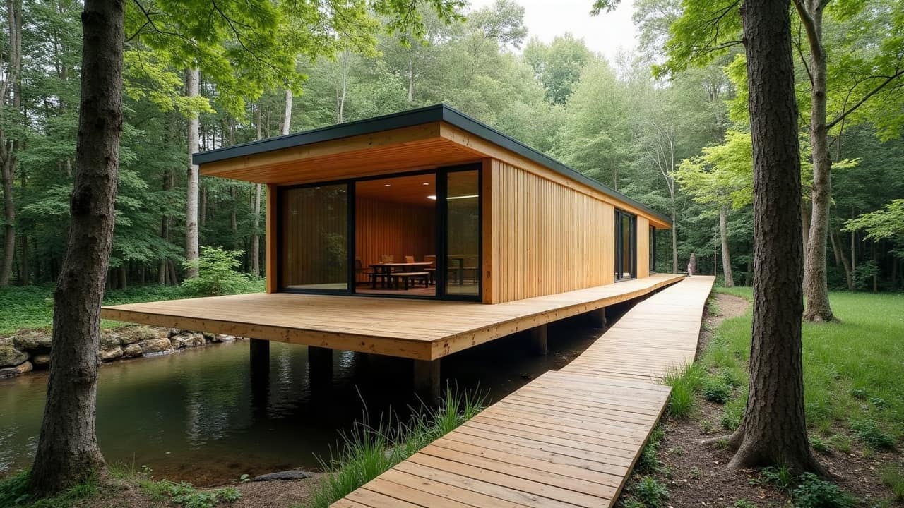 Transport de bois de chauffage le long d'une passerelle en bois menant à une cabane perchée, accès large et pratique, chantier fini