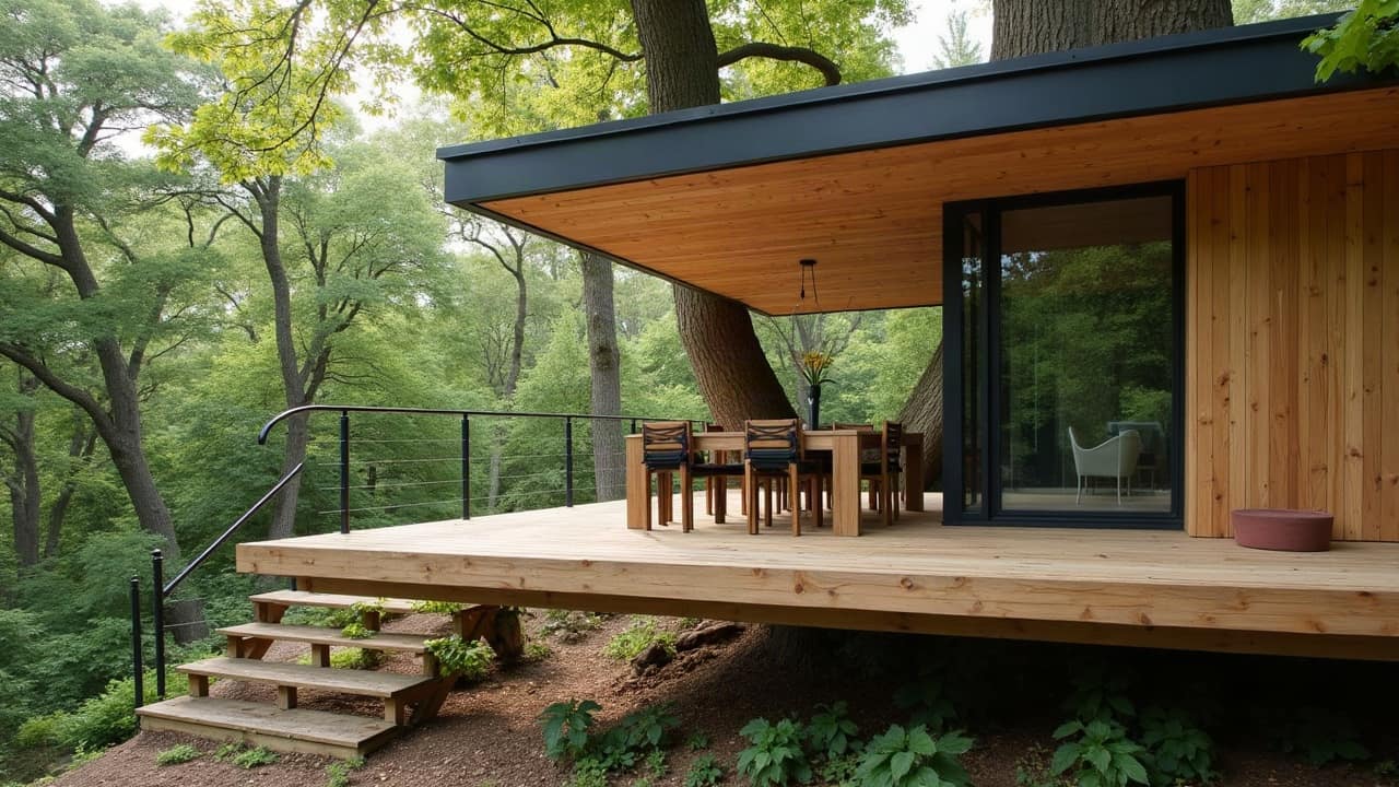 Détail d'un système de treuil discret intégré à la structure d'une cabane perchée, pour faciliter le transport de charges lourdes