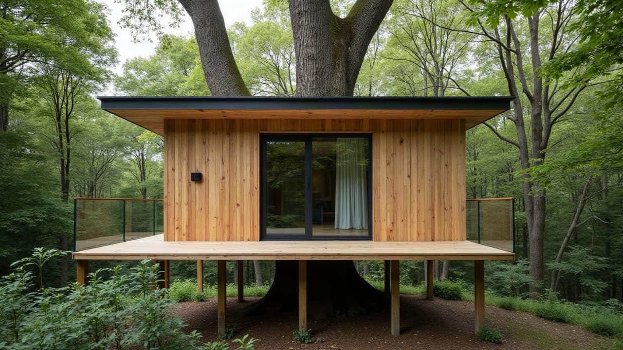 Grille de ventilation naturelle intégrée dans le bardage bois d'une cabane perchée, finition discrète et alignée avec les lames