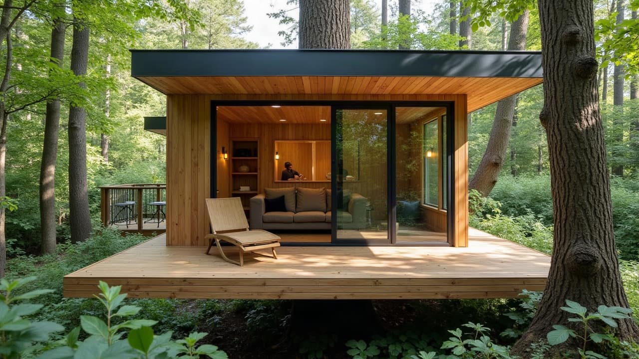 Intérieur d'une cabane perchée aménagée avec système de ventilation mécanique discret intégré au plafond, finitions bois soignées