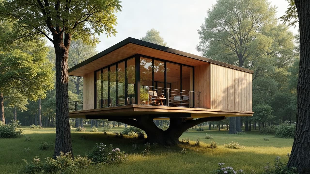 Plans d'implantation d'une cabane perchée sur une parcelle boisée, document technique préparé pour un dépôt en mairie